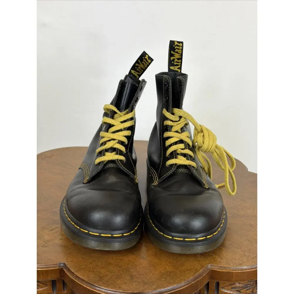 Dr. Martens Black 1460 Pascal 8 Eye Leather Boots Yellow Lace Mens 9 Women's 10 - Picture 3 of 8
